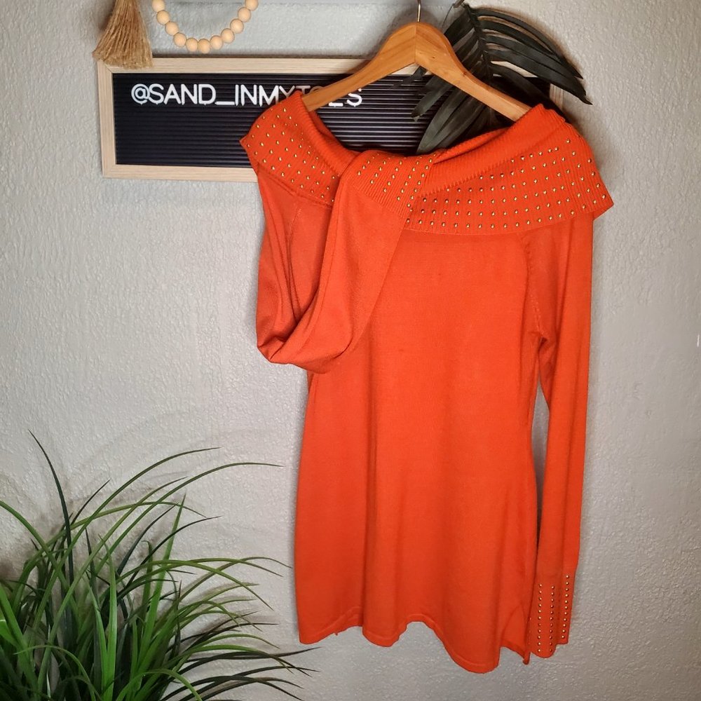 Questions ORANGE Long Sleave off shoulder sweater with gold dot detail Size L